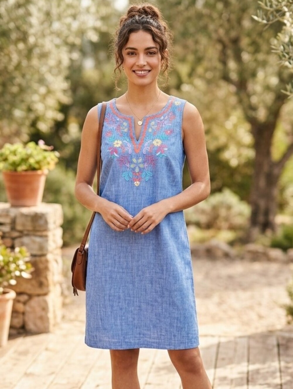 Talbots Embroidered Floral Linen Blue Boho Retro Cottage-core Shift Dress Sz 10